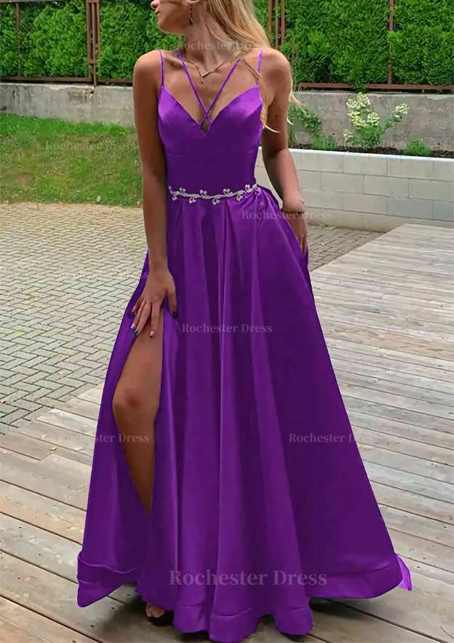 A-line V Neck Sleeveless Satin Sweep Train Prom Dress With Pockets Waistband Split