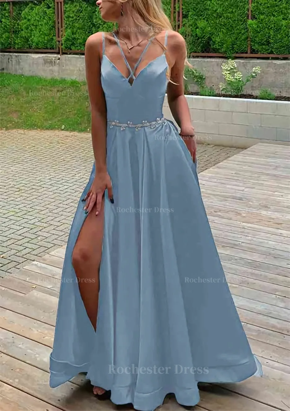 A-line V Neck Sleeveless Satin Sweep Train Prom Dress With Pockets Waistband Split