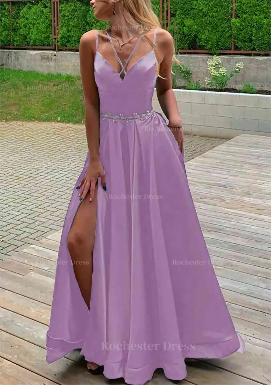 A-line V Neck Sleeveless Satin Sweep Train Prom Dress With Pockets Waistband Split