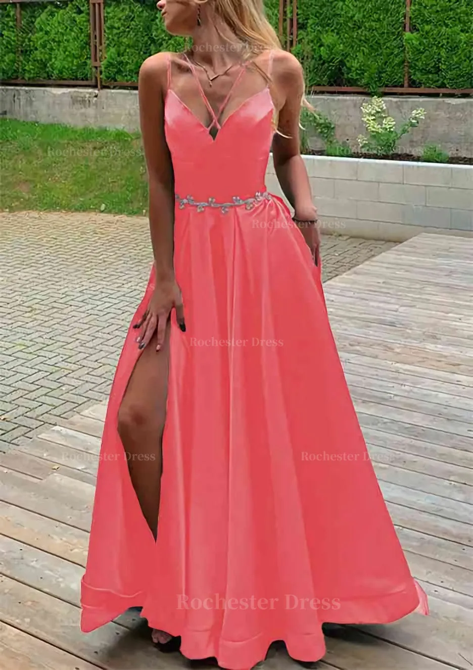 A-line V Neck Sleeveless Satin Sweep Train Prom Dress With Pockets Waistband Split