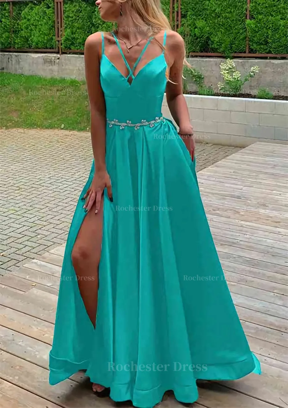 A-line V Neck Sleeveless Satin Sweep Train Prom Dress With Pockets Waistband Split