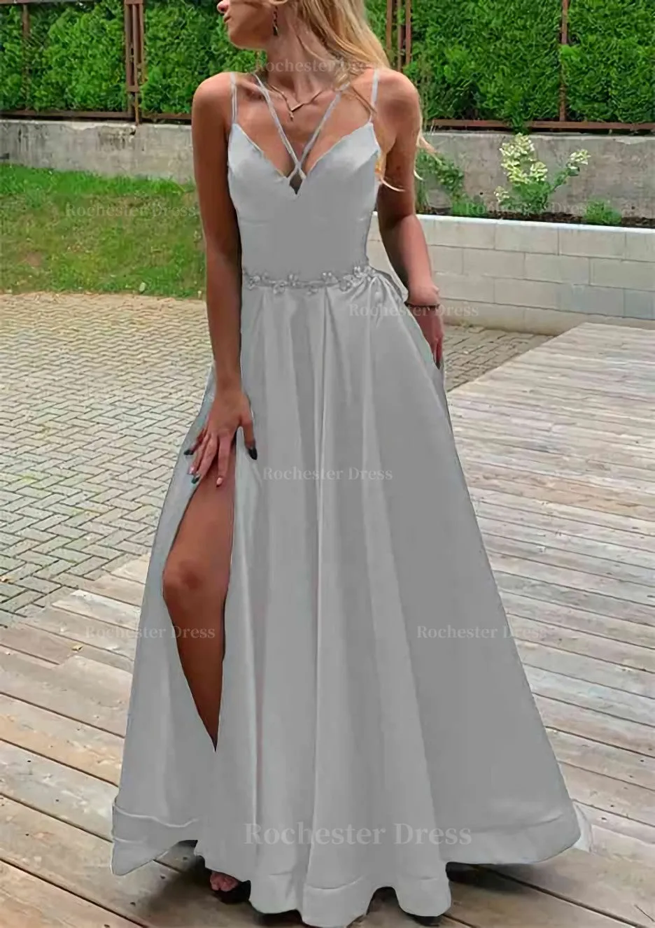 A-line V Neck Sleeveless Satin Sweep Train Prom Dress With Pockets Waistband Split