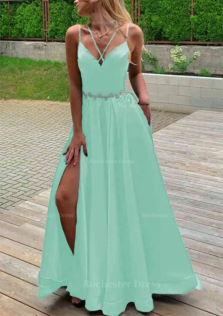 A-line V Neck Sleeveless Satin Sweep Train Prom Dress With Pockets Waistband Split