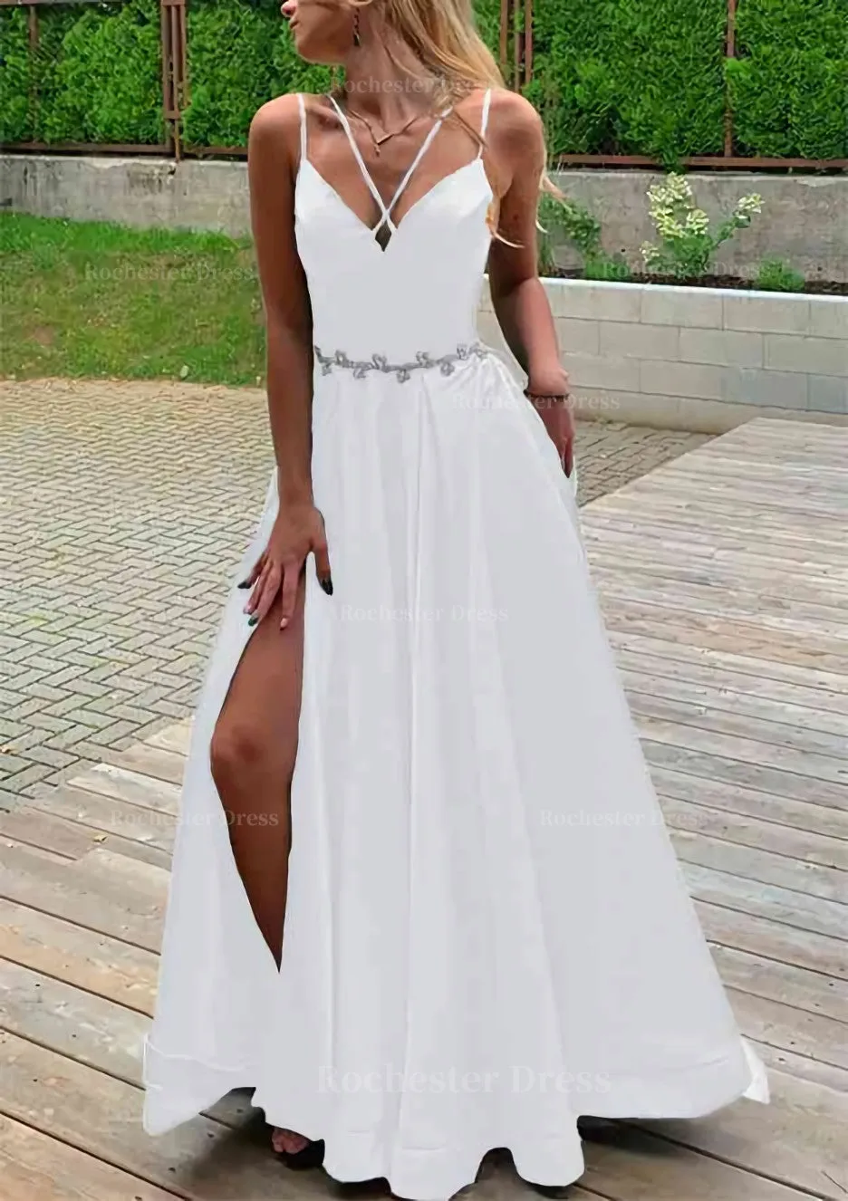 A-line V Neck Sleeveless Satin Sweep Train Prom Dress With Pockets Waistband Split