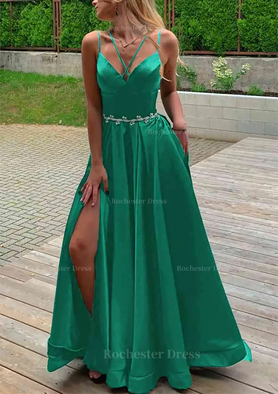 A-line V Neck Sleeveless Satin Sweep Train Prom Dress With Pockets Waistband Split