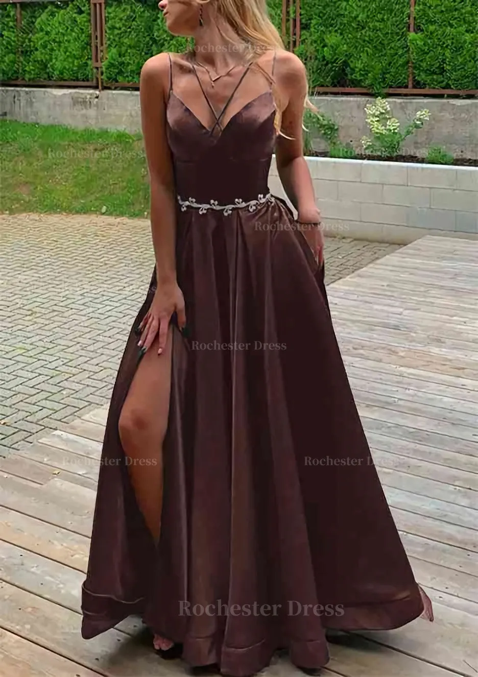 A-line V Neck Sleeveless Satin Sweep Train Prom Dress With Pockets Waistband Split