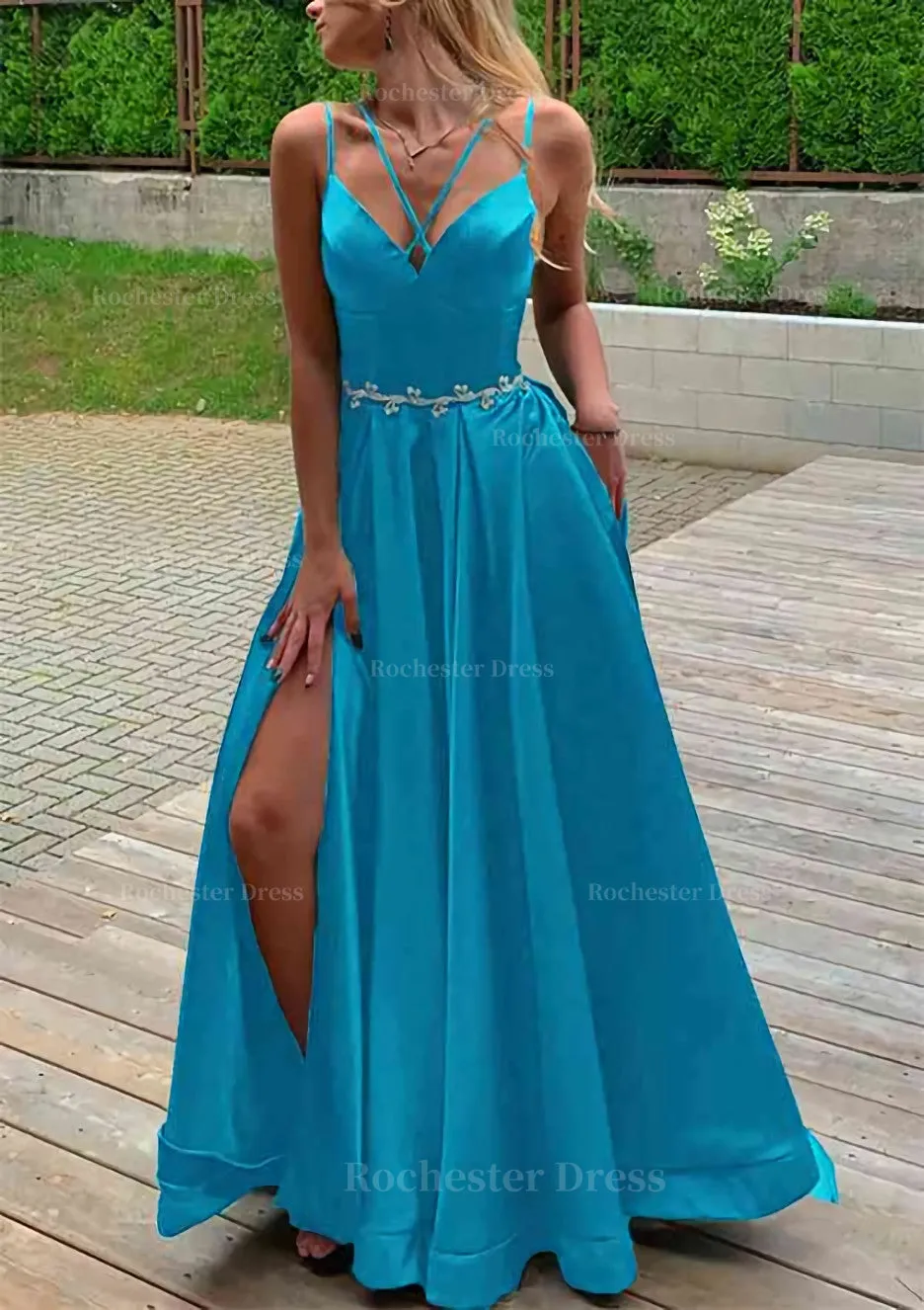 A-line V Neck Sleeveless Satin Sweep Train Prom Dress With Pockets Waistband Split