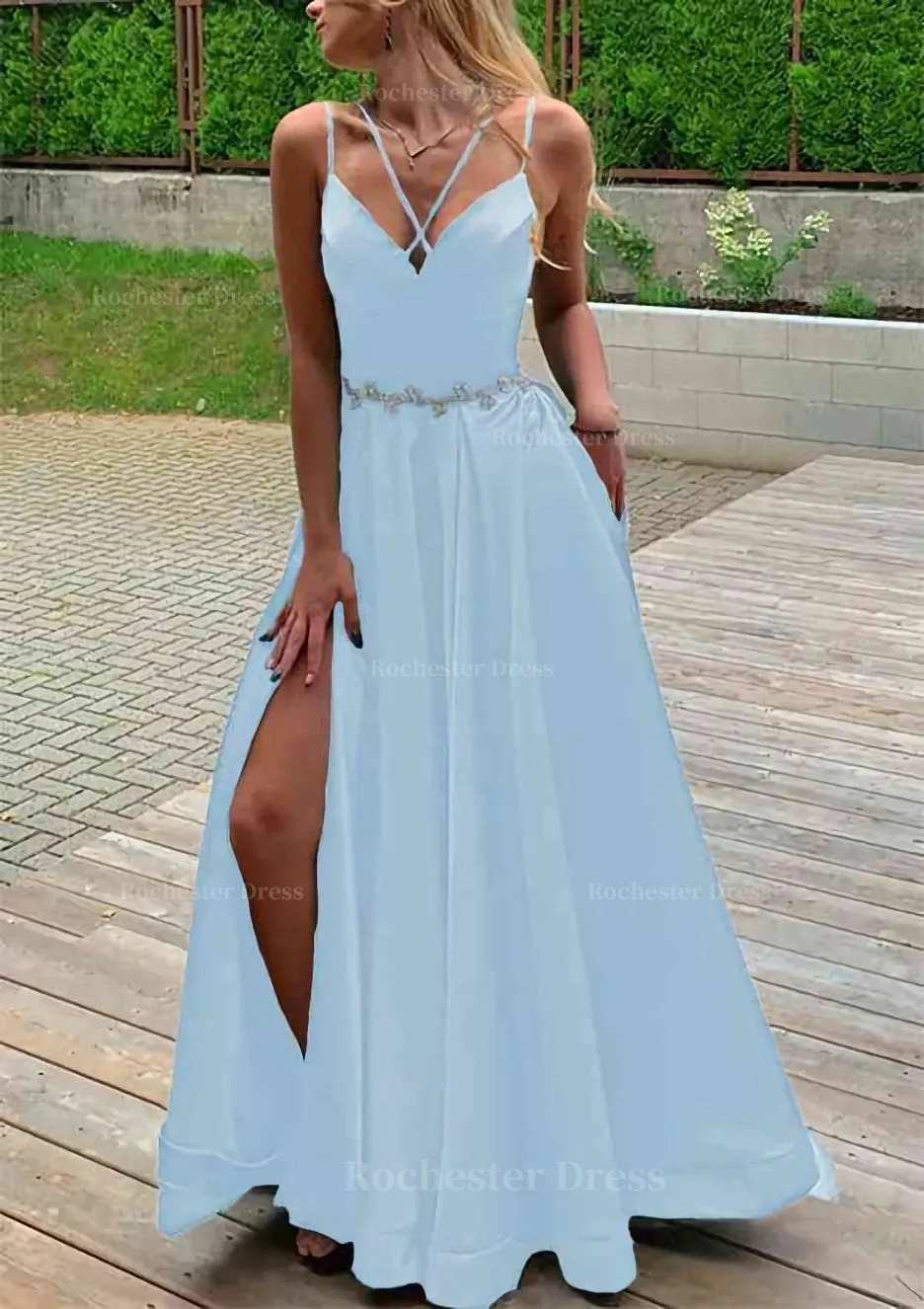 A-line V Neck Sleeveless Satin Sweep Train Prom Dress With Pockets Waistband Split