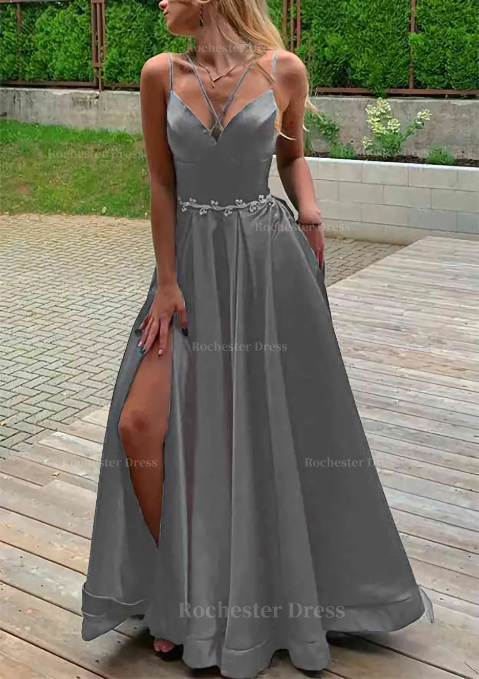 A-line V Neck Sleeveless Satin Sweep Train Prom Dress With Pockets Waistband Split