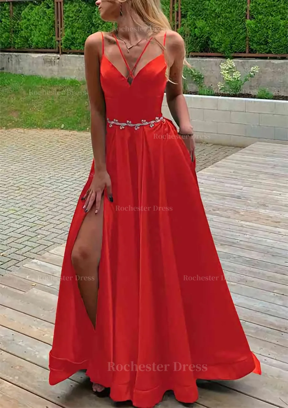 A-line V Neck Sleeveless Satin Sweep Train Prom Dress With Pockets Waistband Split