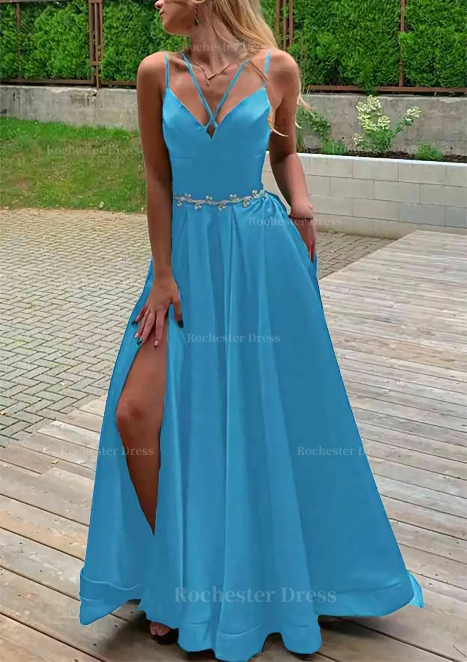A-line V Neck Sleeveless Satin Sweep Train Prom Dress With Pockets Waistband Split