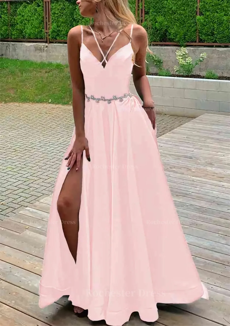 A-line V Neck Sleeveless Satin Sweep Train Prom Dress With Pockets Waistband Split