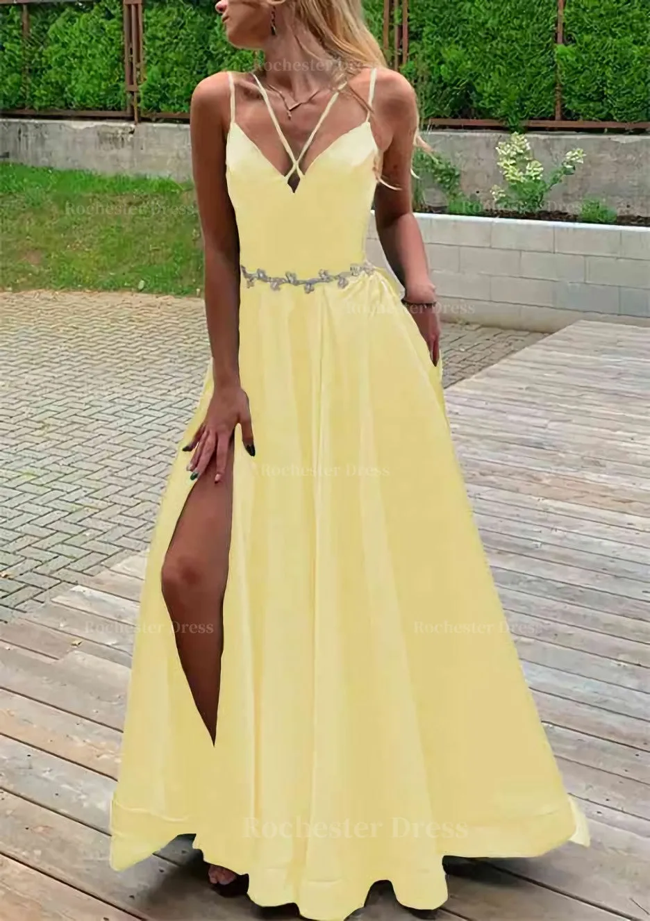 A-line V Neck Sleeveless Satin Sweep Train Prom Dress With Pockets Waistband Split