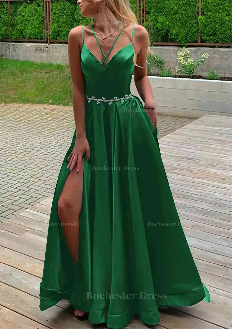 A-line V Neck Sleeveless Satin Sweep Train Prom Dress With Pockets Waistband Split