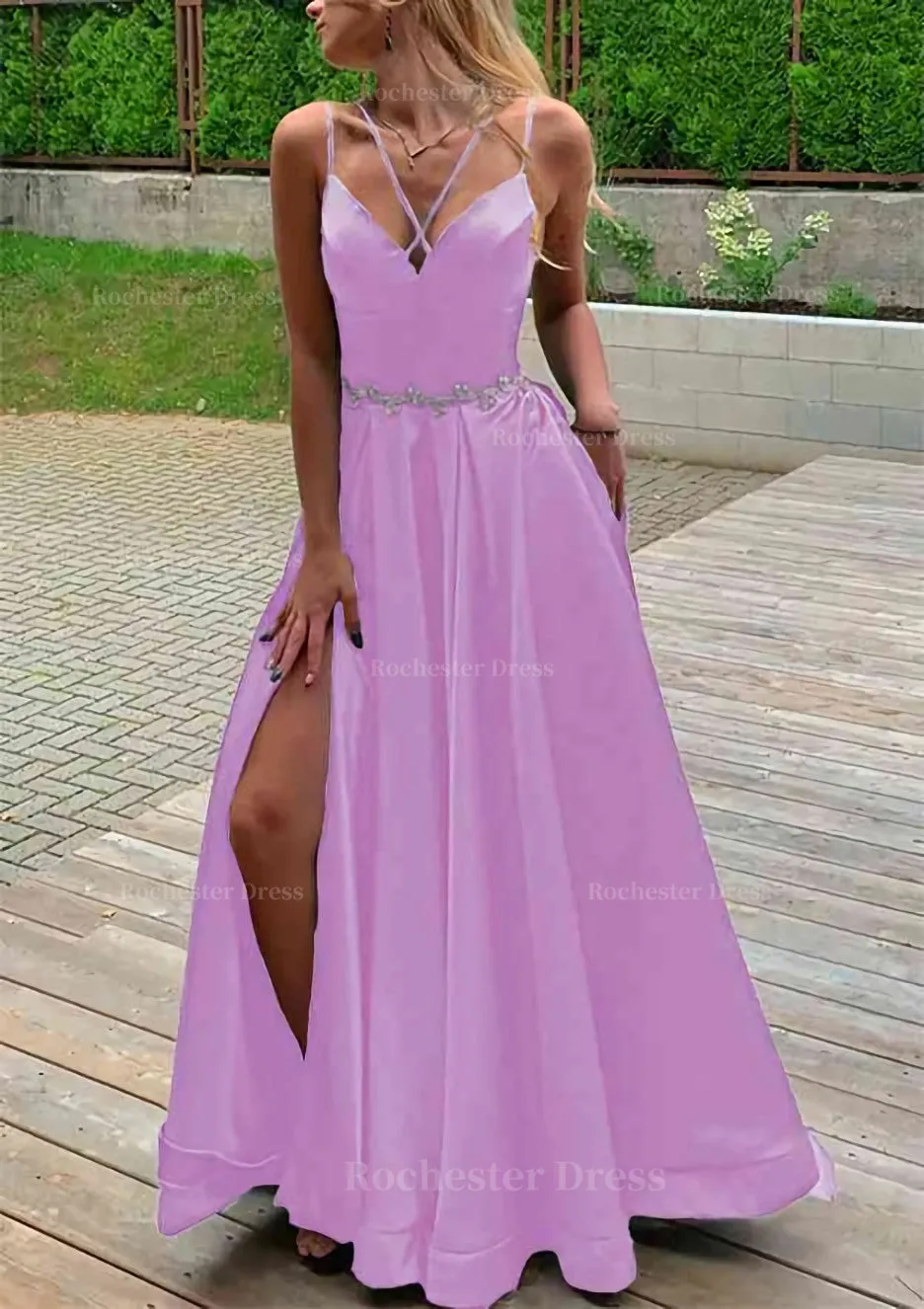 A-line V Neck Sleeveless Satin Sweep Train Prom Dress With Pockets Waistband Split