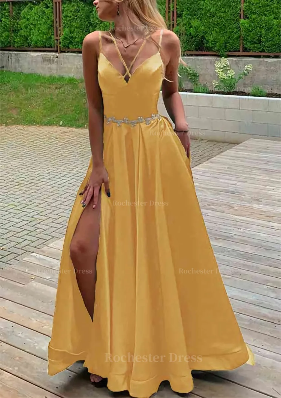 A-line V Neck Sleeveless Satin Sweep Train Prom Dress With Pockets Waistband Split