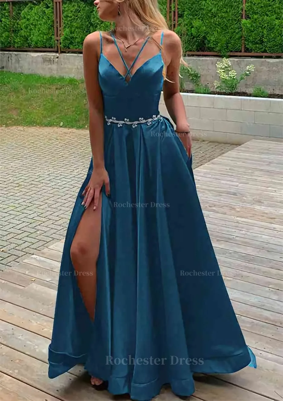 A-line V Neck Sleeveless Satin Sweep Train Prom Dress With Pockets Waistband Split