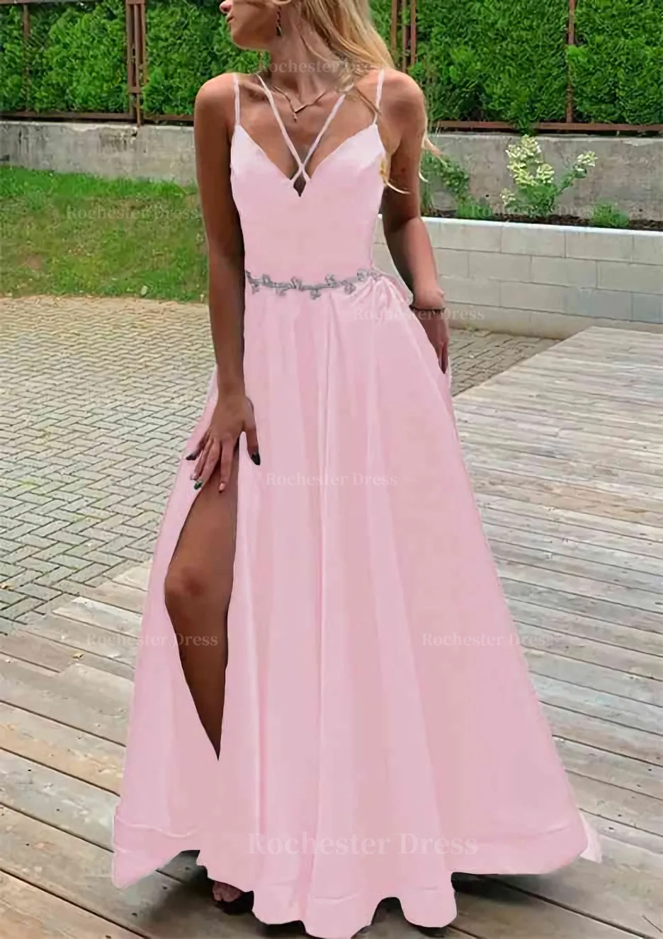 A-line V Neck Sleeveless Satin Sweep Train Prom Dress With Pockets Waistband Split