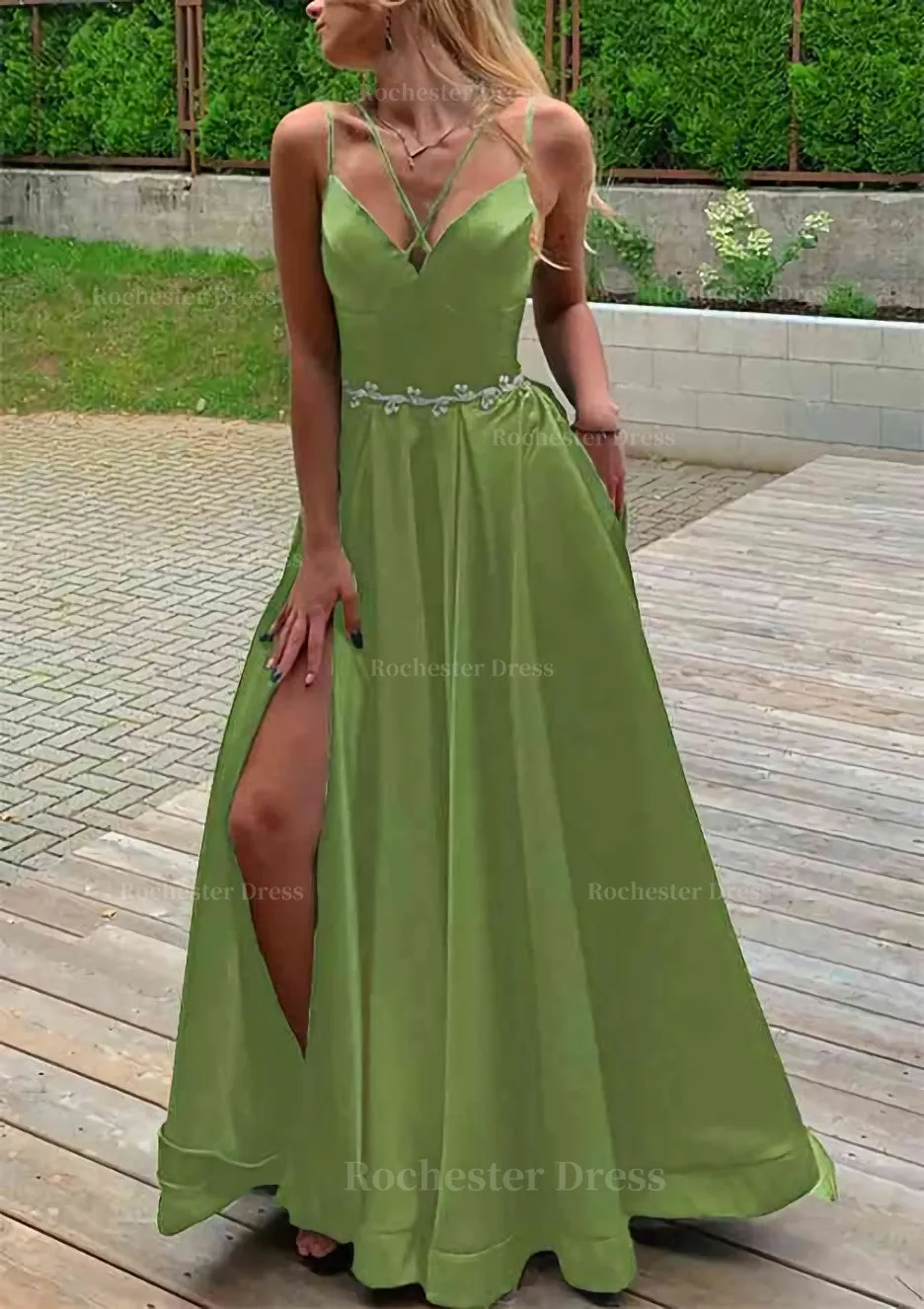 A-line V Neck Sleeveless Satin Sweep Train Prom Dress With Pockets Waistband Split