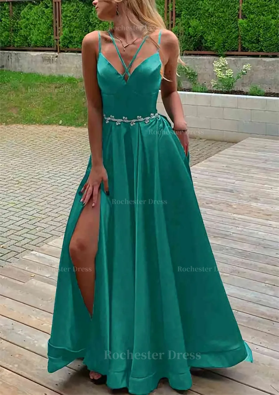 A-line V Neck Sleeveless Satin Sweep Train Prom Dress With Pockets Waistband Split