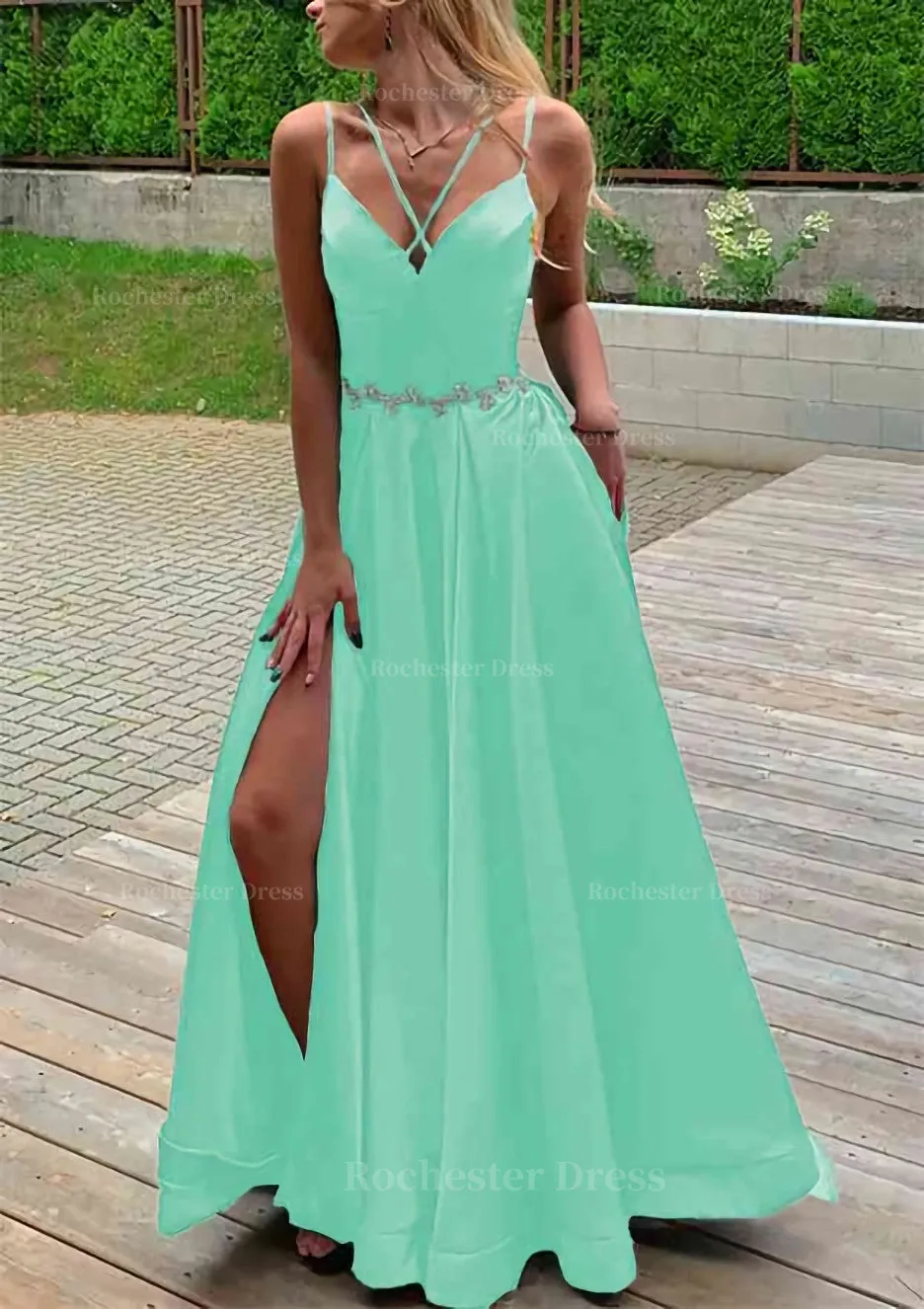 A-line V Neck Sleeveless Satin Sweep Train Prom Dress With Pockets Waistband Split