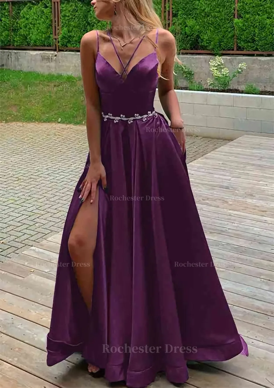 A-line V Neck Sleeveless Satin Sweep Train Prom Dress With Pockets Waistband Split