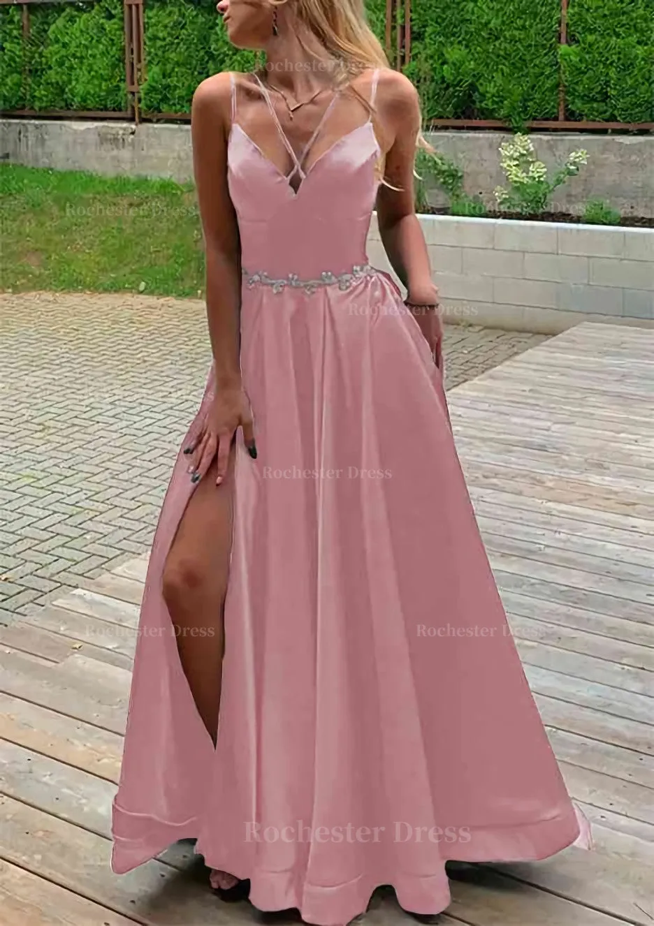 A-line V Neck Sleeveless Satin Sweep Train Prom Dress With Pockets Waistband Split