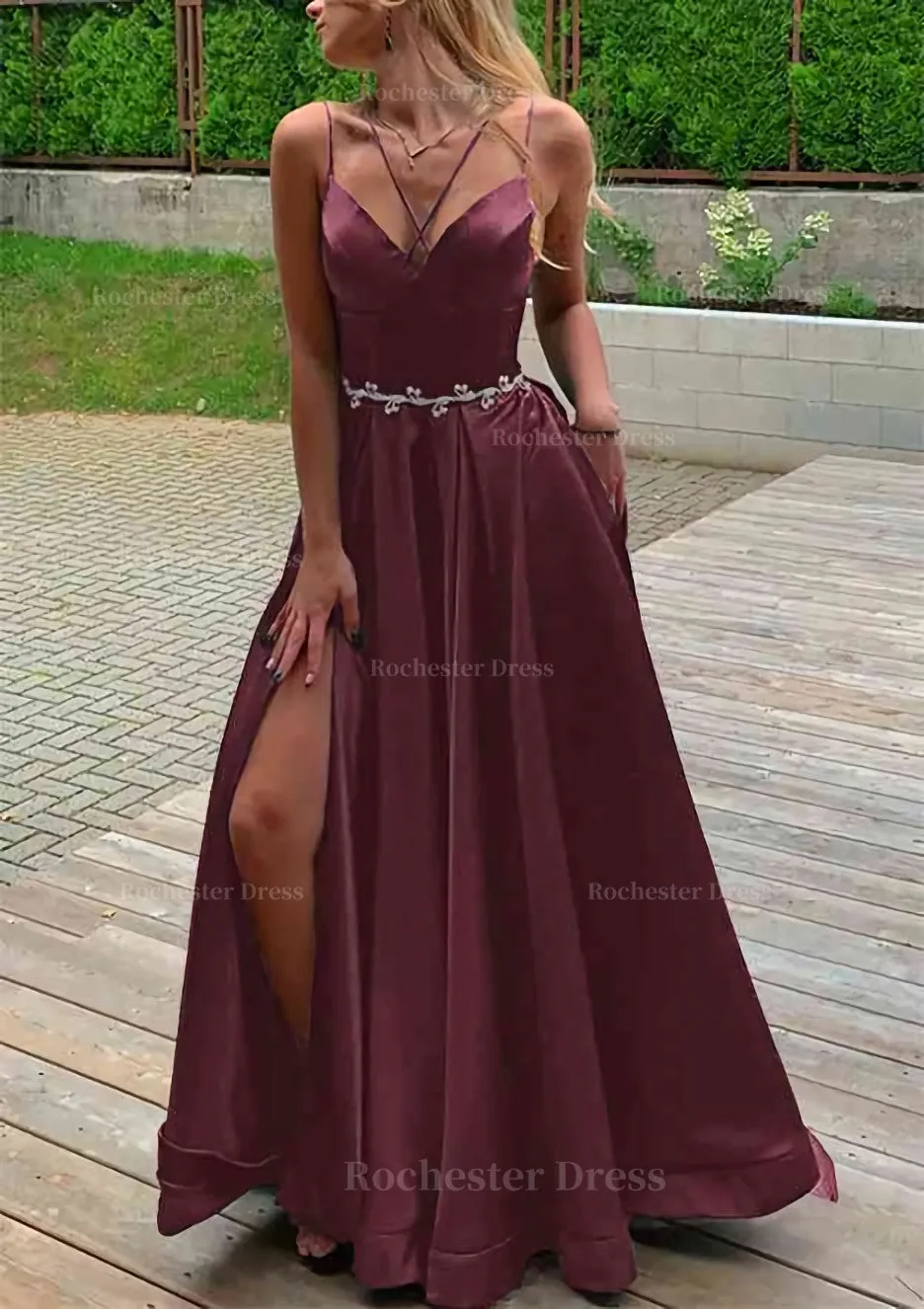 A-line V Neck Sleeveless Satin Sweep Train Prom Dress With Pockets Waistband Split