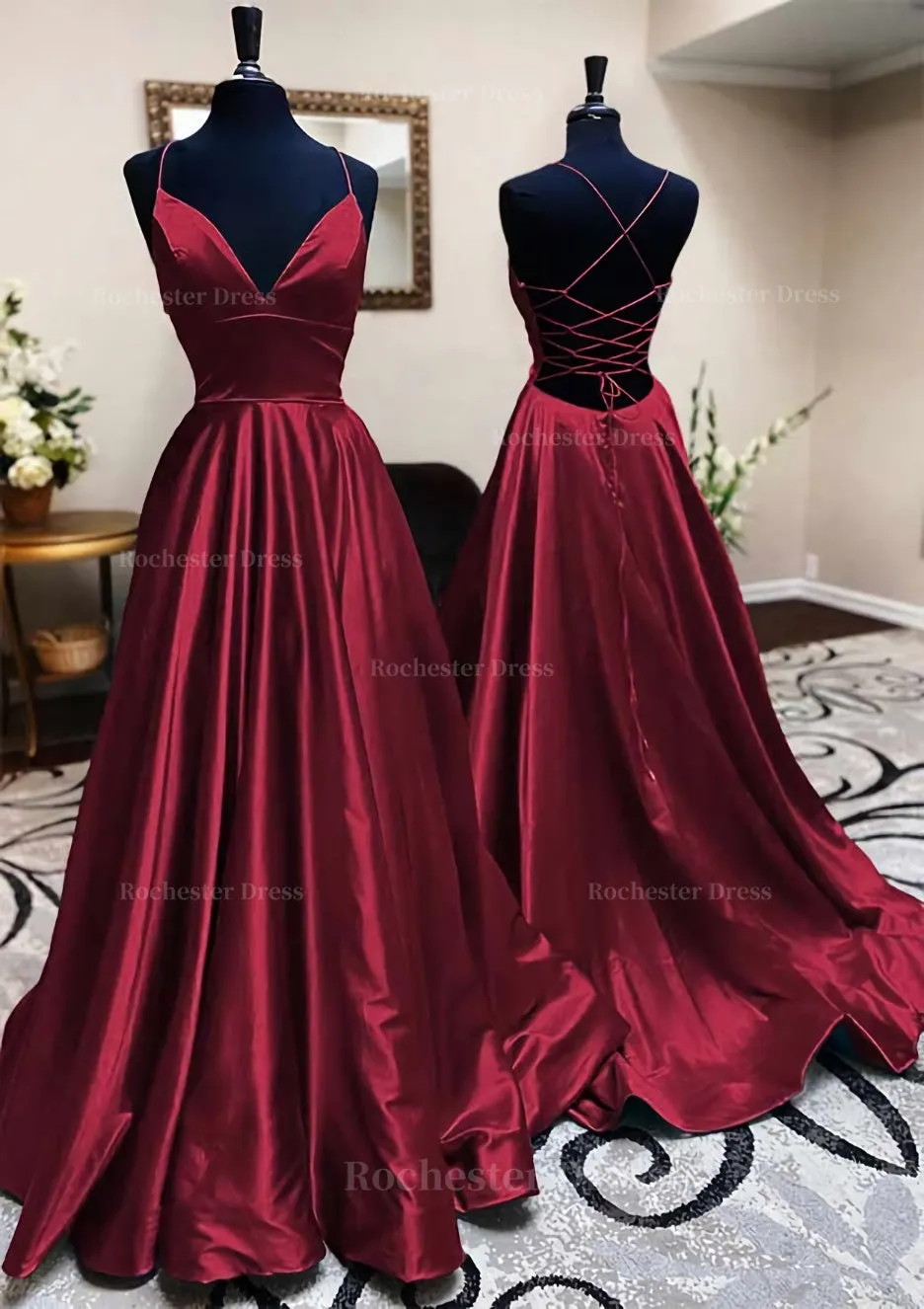 A-line V Neck Spaghetti Straps Long/Floor-Length Charmeuse Prom Dress With Pleated