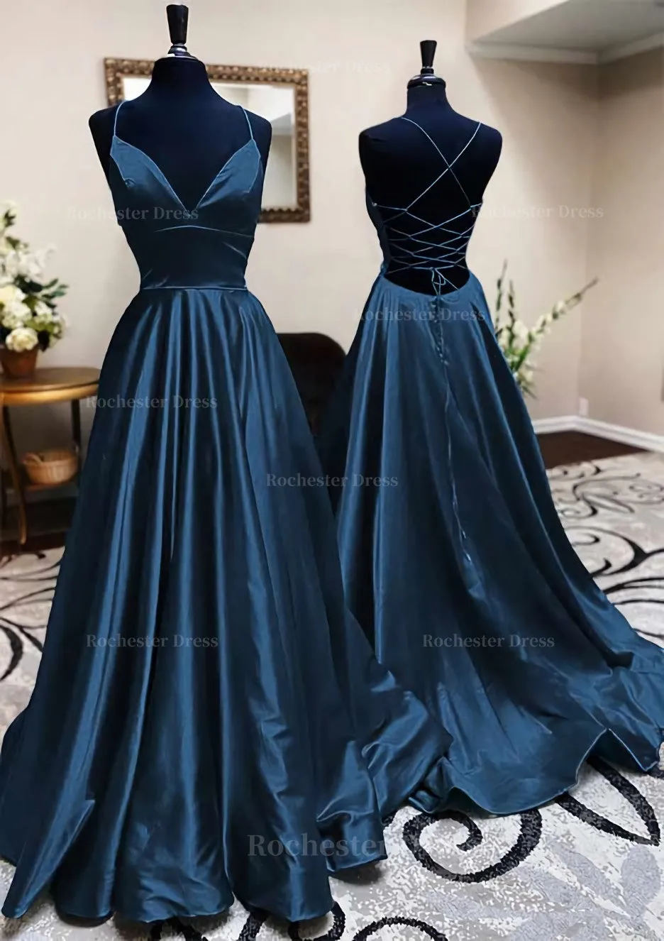 A-line V Neck Spaghetti Straps Long/Floor-Length Charmeuse Prom Dress With Pleated