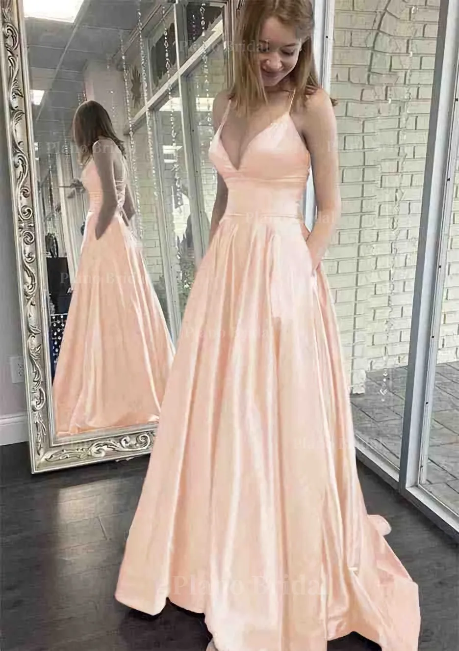 A-line V Neck Spaghetti Straps Sweep Train Charmeuse Prom Dress With Pockets