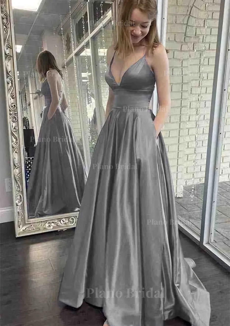 A-line V Neck Spaghetti Straps Sweep Train Charmeuse Prom Dress With Pockets