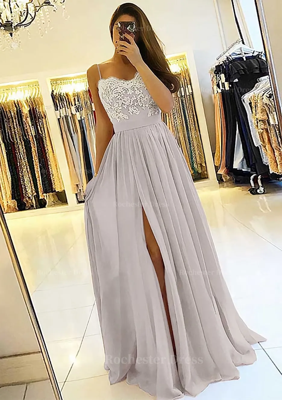 A-line/Princess Sweetheart Sleeveless Long/Floor-Length Chiffon Prom Dress With Split Appliqued
