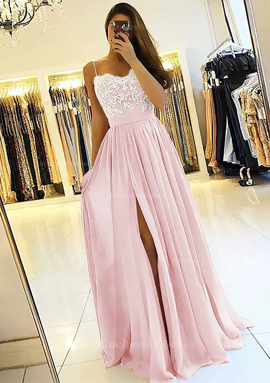 A-line/Princess Sweetheart Sleeveless Long/Floor-Length Chiffon Prom Dress With Split Appliqued