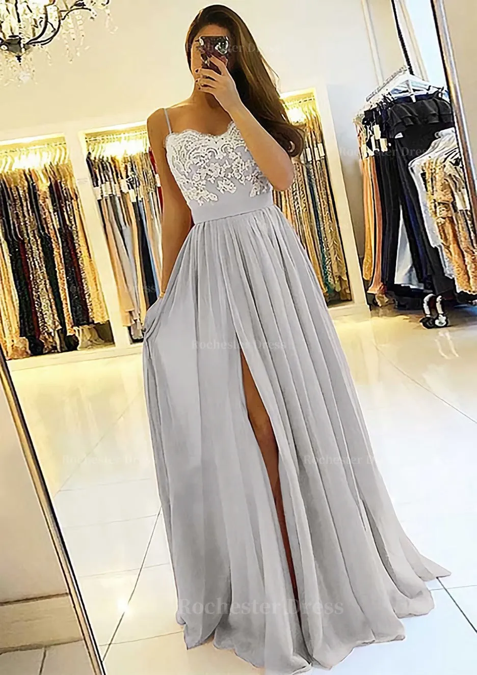A-line/Princess Sweetheart Sleeveless Long/Floor-Length Chiffon Prom Dress With Split Appliqued