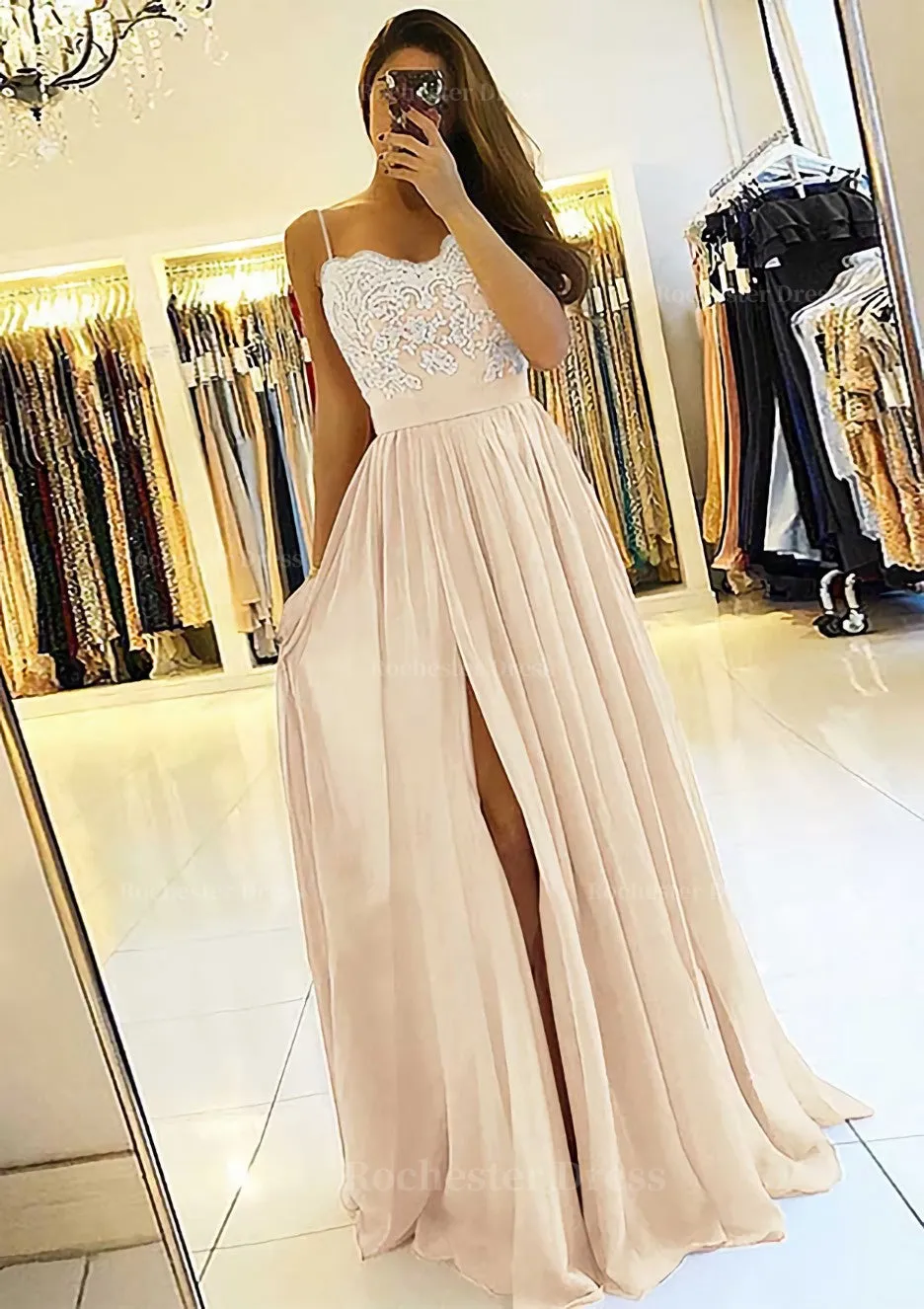 A-line/Princess Sweetheart Sleeveless Long/Floor-Length Chiffon Prom Dress With Split Appliqued