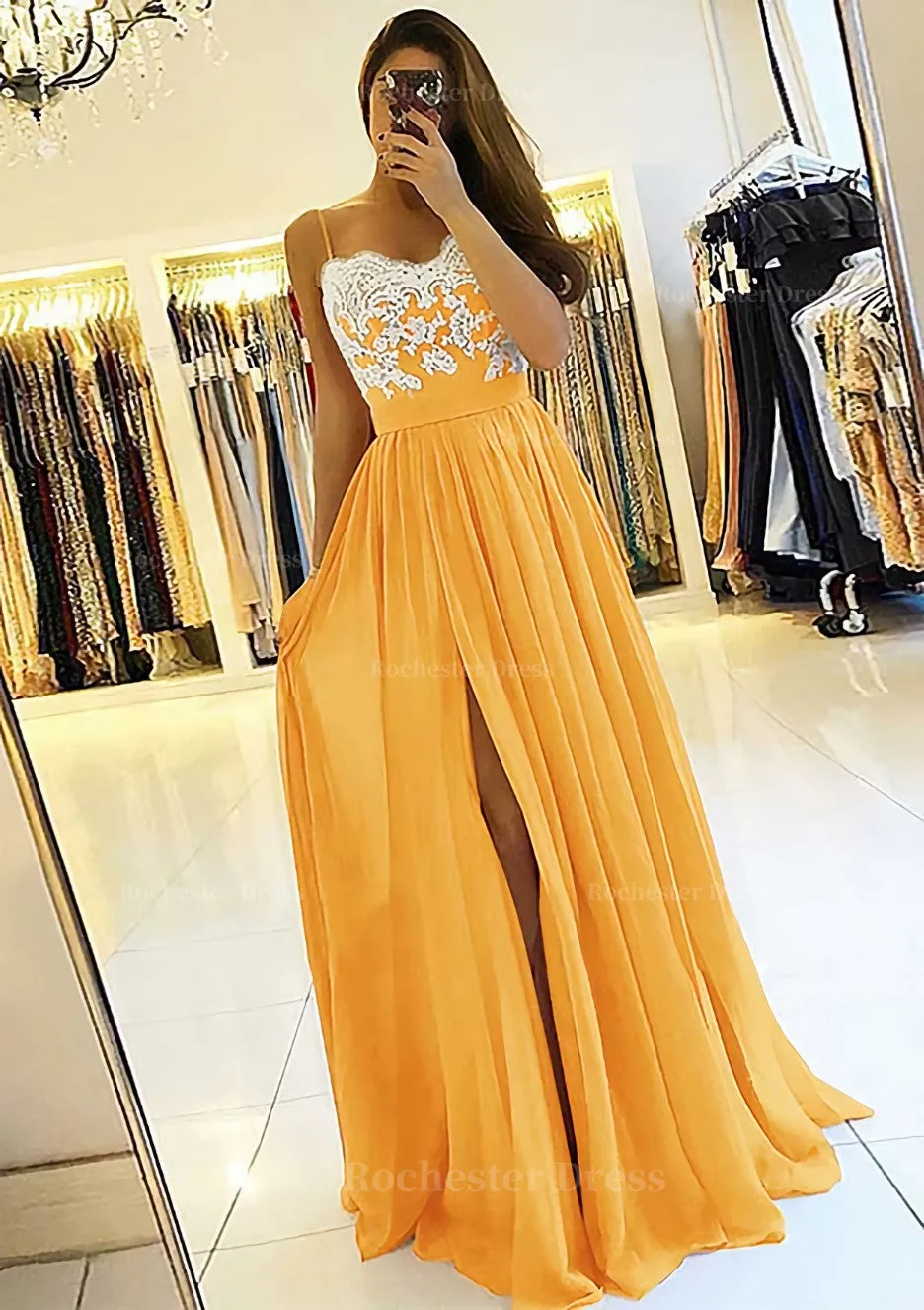A-line/Princess Sweetheart Sleeveless Long/Floor-Length Chiffon Prom Dress With Split Appliqued