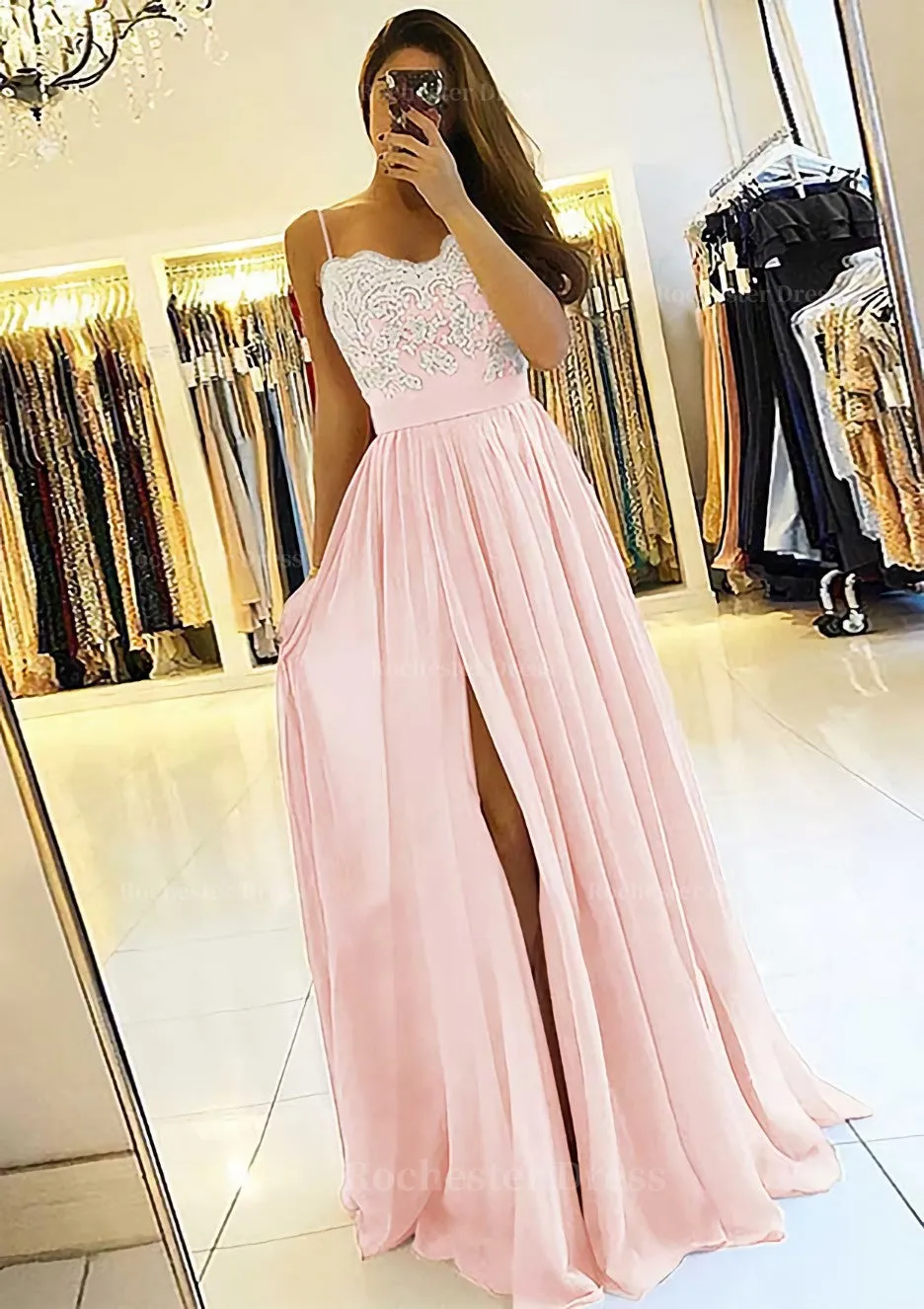 A-line/Princess Sweetheart Sleeveless Long/Floor-Length Chiffon Prom Dress With Split Appliqued
