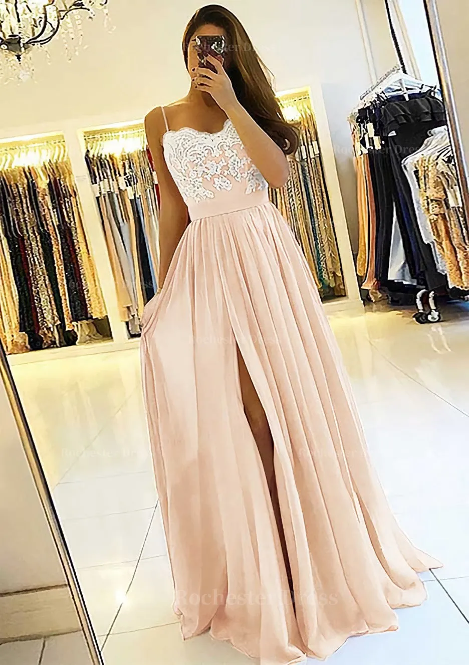 A-line/Princess Sweetheart Sleeveless Long/Floor-Length Chiffon Prom Dress With Split Appliqued