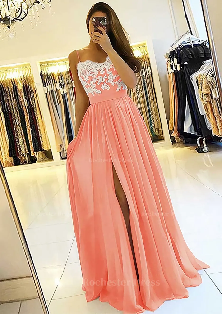 A-line/Princess Sweetheart Sleeveless Long/Floor-Length Chiffon Prom Dress With Split Appliqued