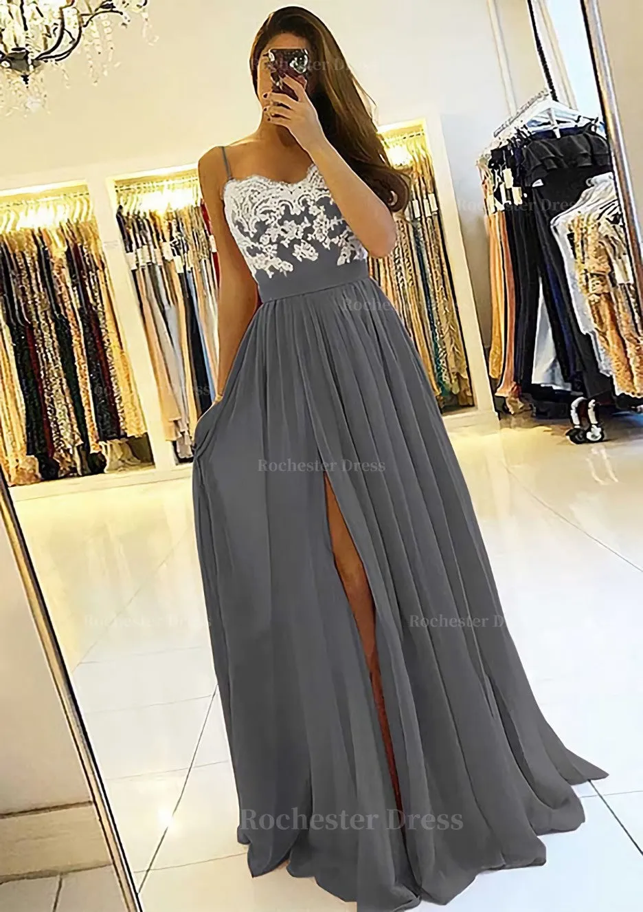 A-line/Princess Sweetheart Sleeveless Long/Floor-Length Chiffon Prom Dress With Split Appliqued