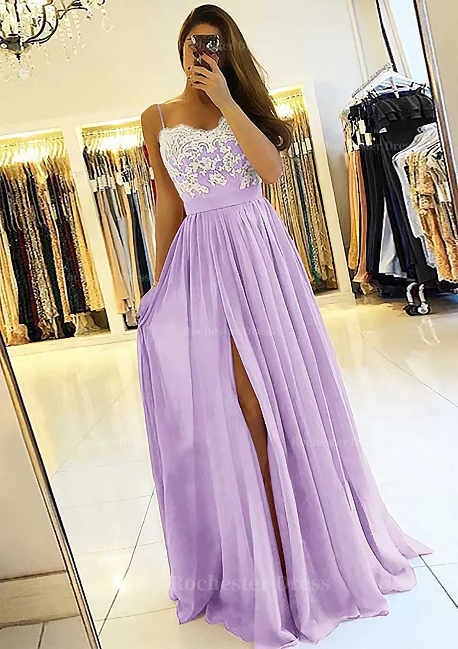 A-line/Princess Sweetheart Sleeveless Long/Floor-Length Chiffon Prom Dress With Split Appliqued
