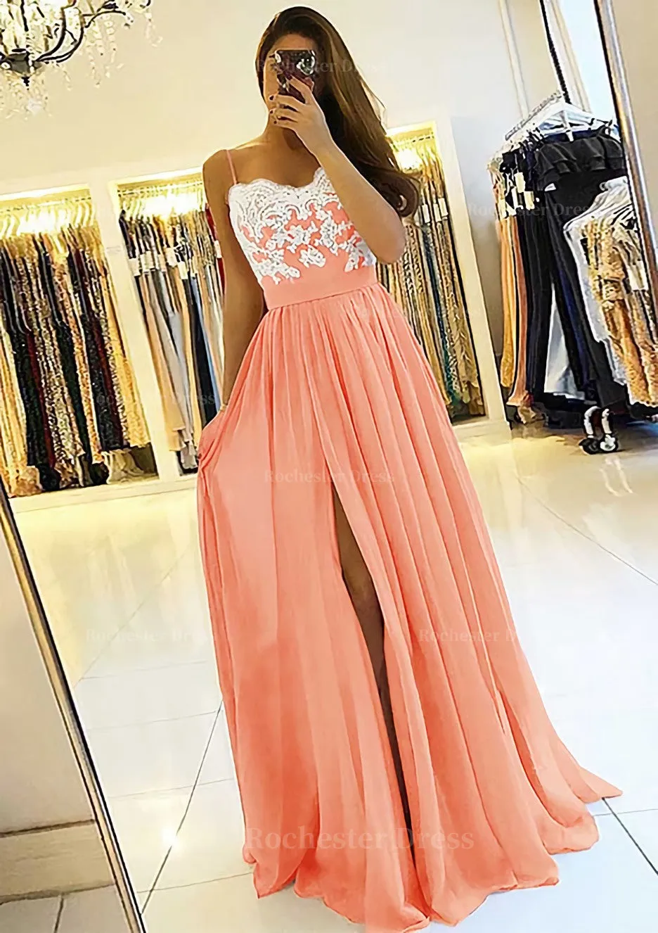 A-line/Princess Sweetheart Sleeveless Long/Floor-Length Chiffon Prom Dress With Split Appliqued