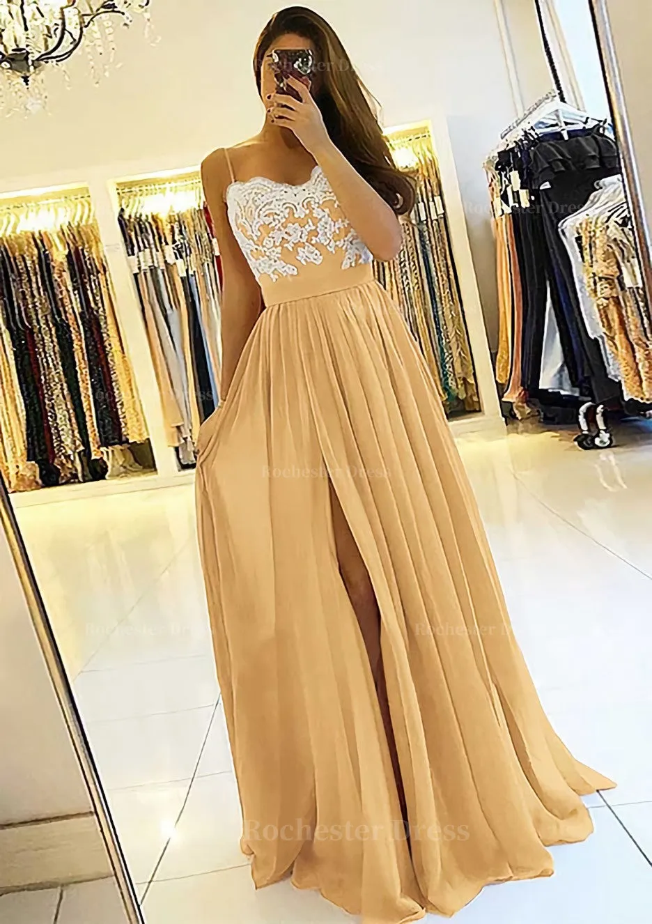 A-line/Princess Sweetheart Sleeveless Long/Floor-Length Chiffon Prom Dress With Split Appliqued