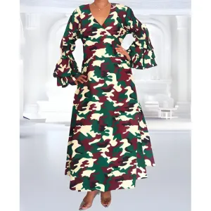 African Print Long Wrap Maxi Dress Ankle Length / Bell Sleeve