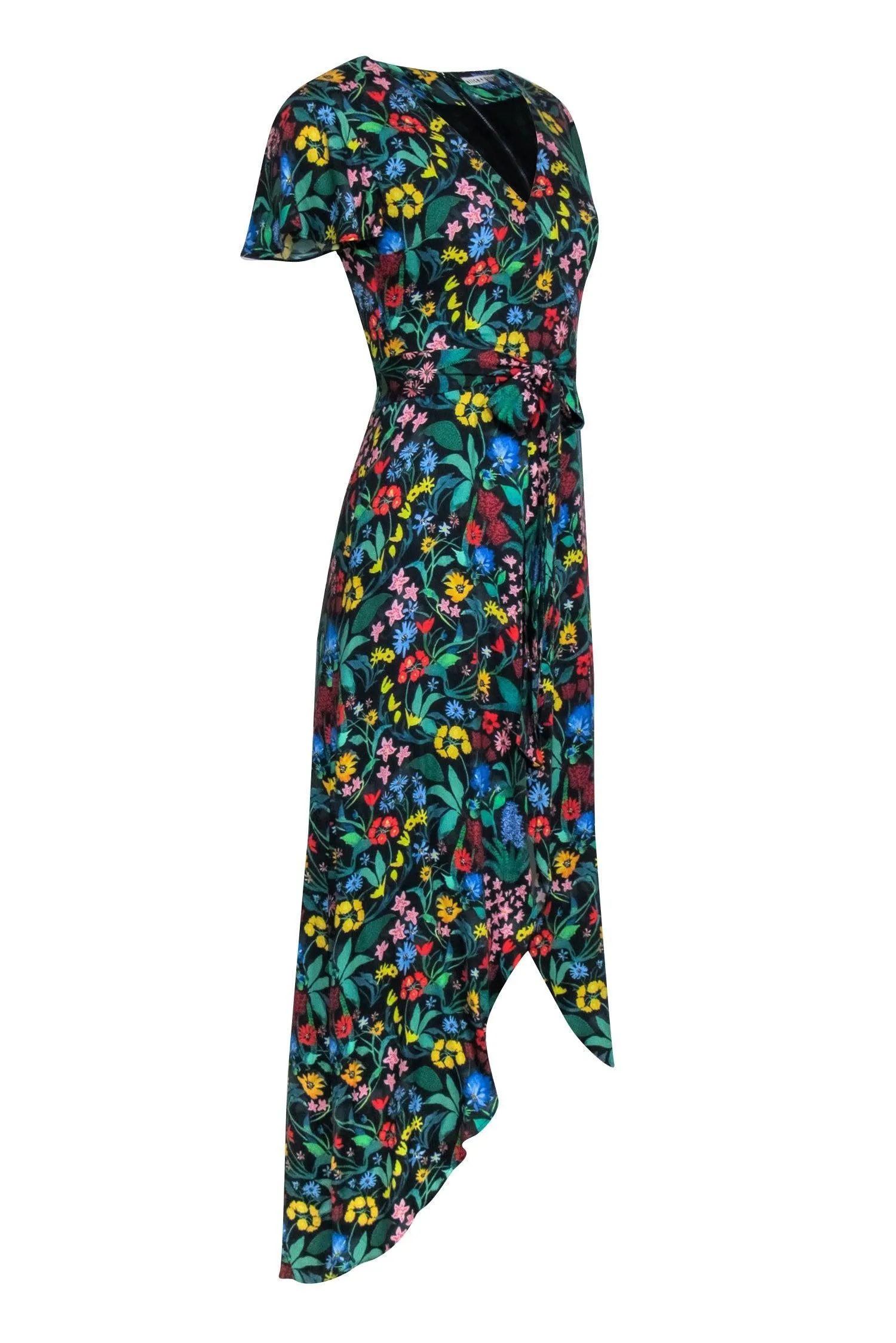 Alice & Olivia - Black & Multi Color Floral Print Hi-Low Wrap Dress Sz 2