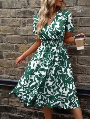AlloverPlants Print Shirred Detail V-Neck Dress