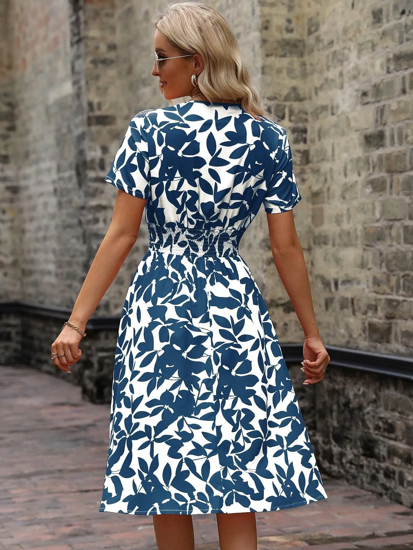 AlloverPlants Print Shirred Detail V-Neck Dress