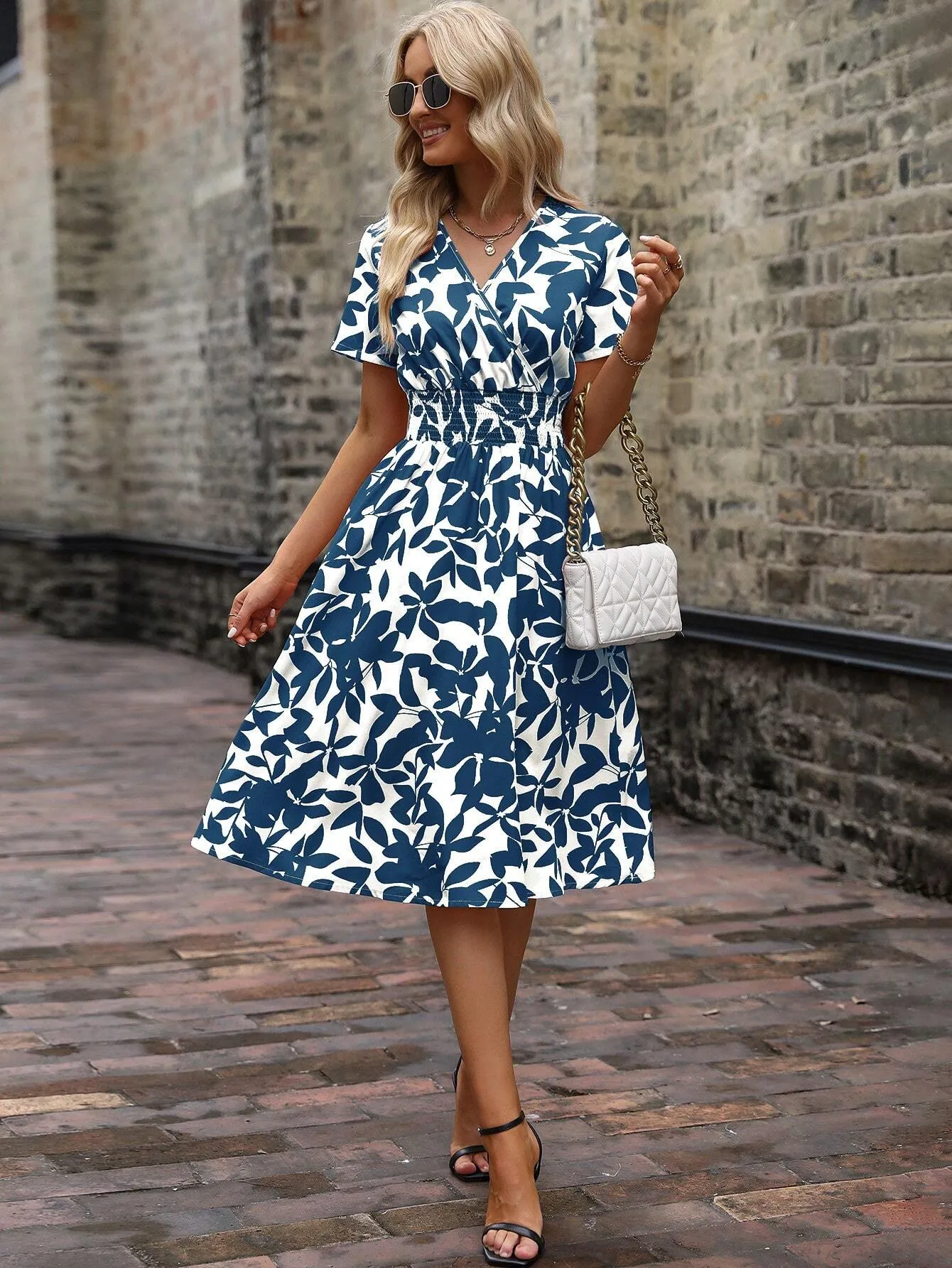 AlloverPlants Print Shirred Detail V-Neck Dress