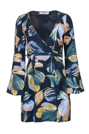 Amanda Uprichard - Navy Leaf Print Long Sleeve Wrap Dress Sz P